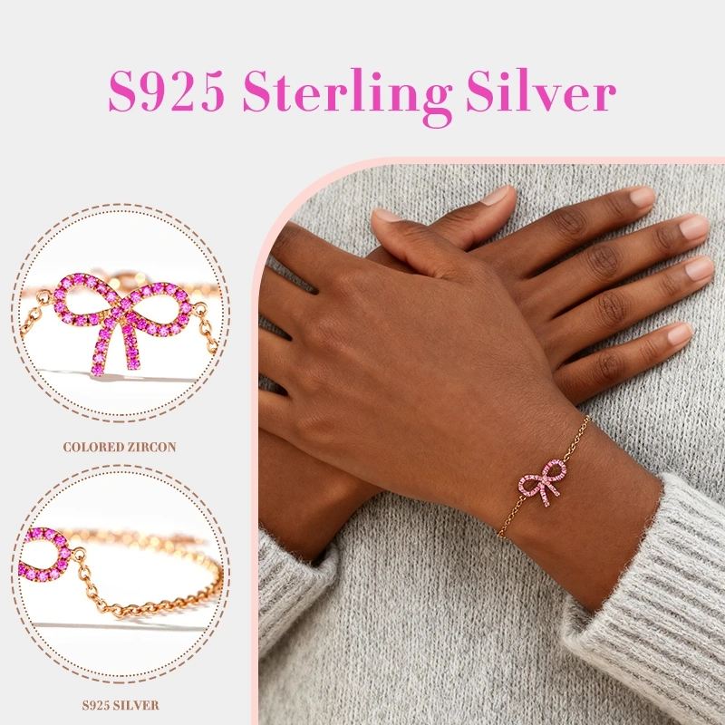 Pink Ribbon Bow Bracelet -  S925 Silver, Breast Cancer Awareness Jewelry