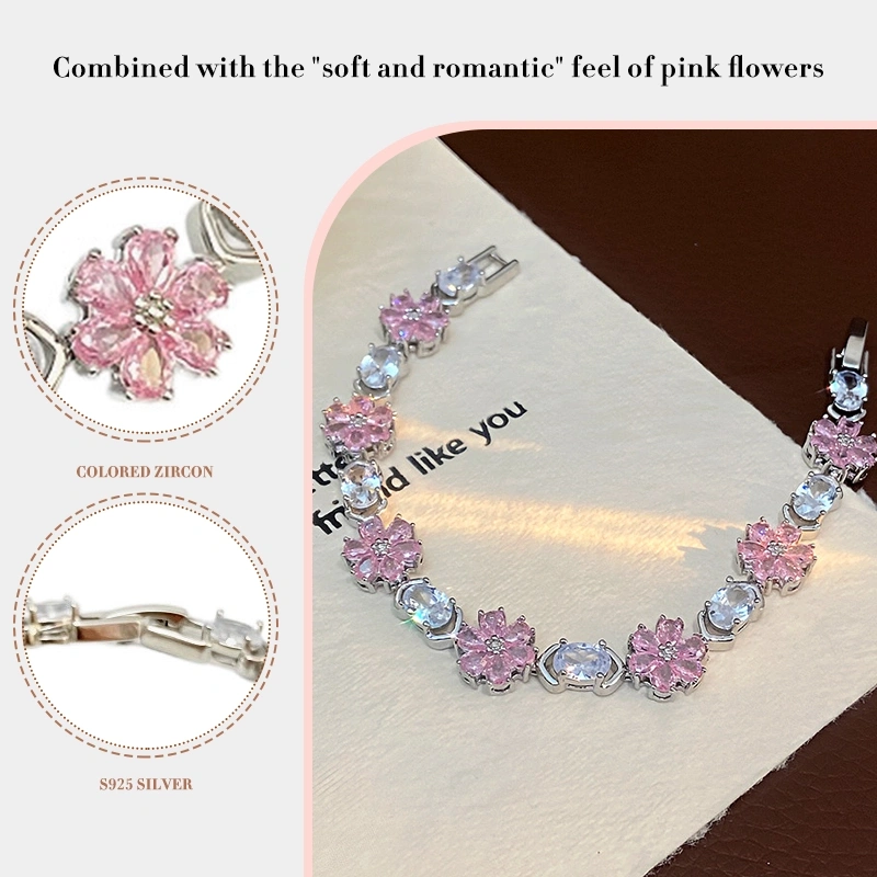 Pink Flower Zircon Necklace - S925 Silver, Delicate Floral Jewelry for Women