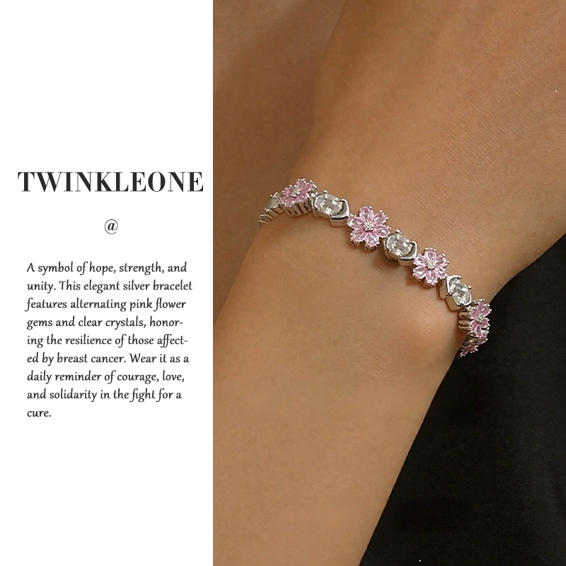 Breast Cancer Prevention Awareness Bracelet | Pink flowers and zircon jewelry, conveying hope and support.