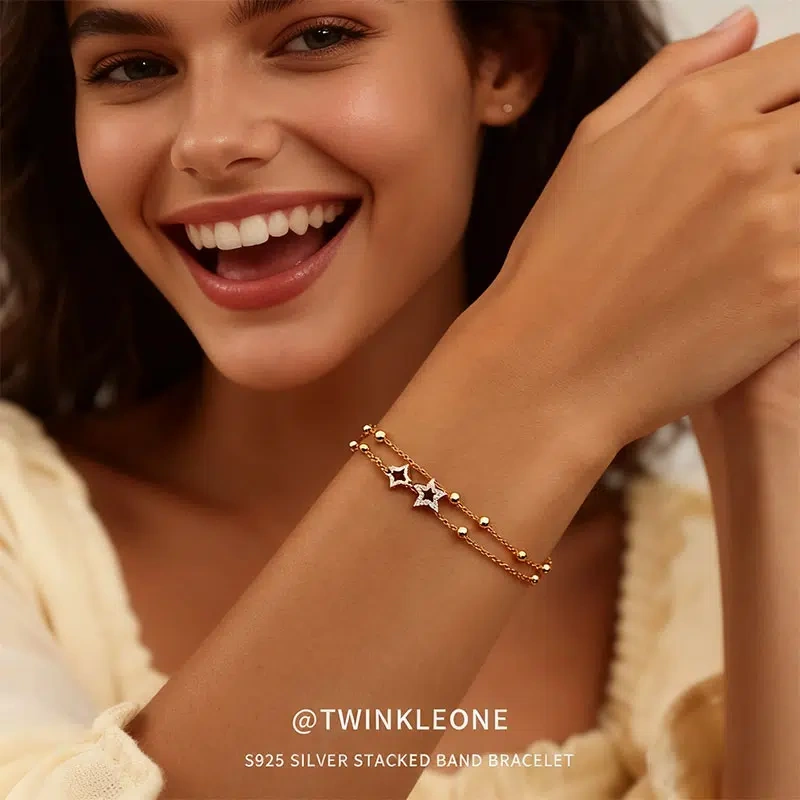TWINKLEONE 925 Sterling Silver Double-Layer Star Bracelet - Sensitive Skin Friendly - Best Friend Gift