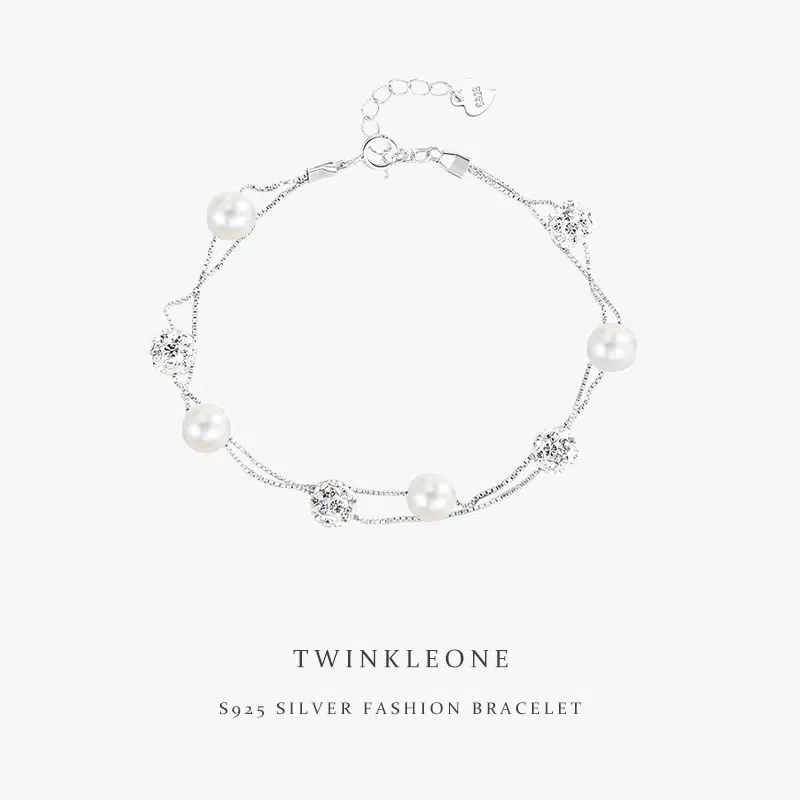 TWINKLE ONE Pearl & Zirconia Stacking Bracelet – Handmade Sterling Silver Fashion Bracelet