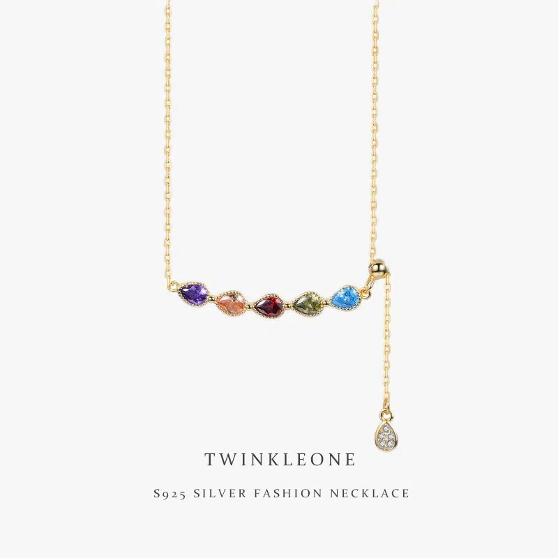 TWINKLEONE Handmade Silver Inlaid Colorful Water Droplet Zircon Necklace