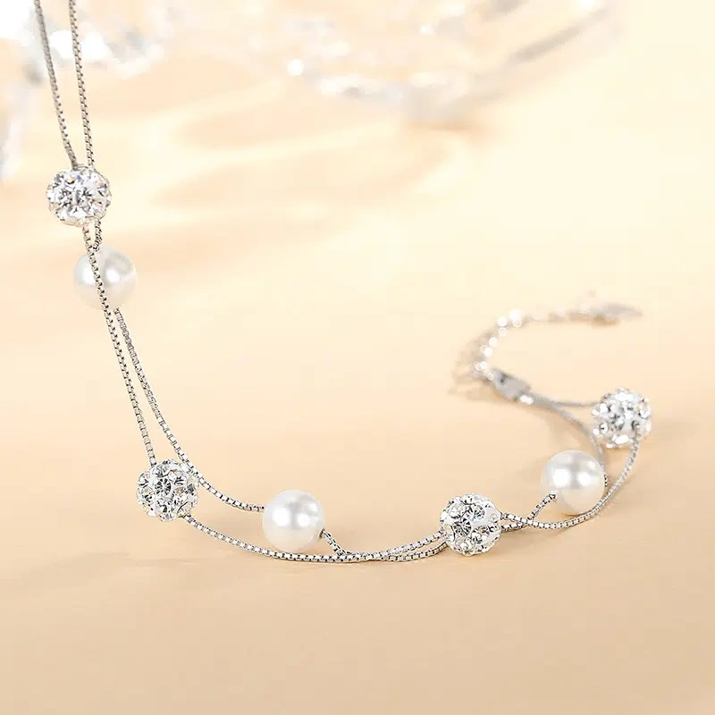 TWINKLE ONE Pearl & Zirconia Stacking Bracelet – Handmade Sterling Silver Fashion Bracelet