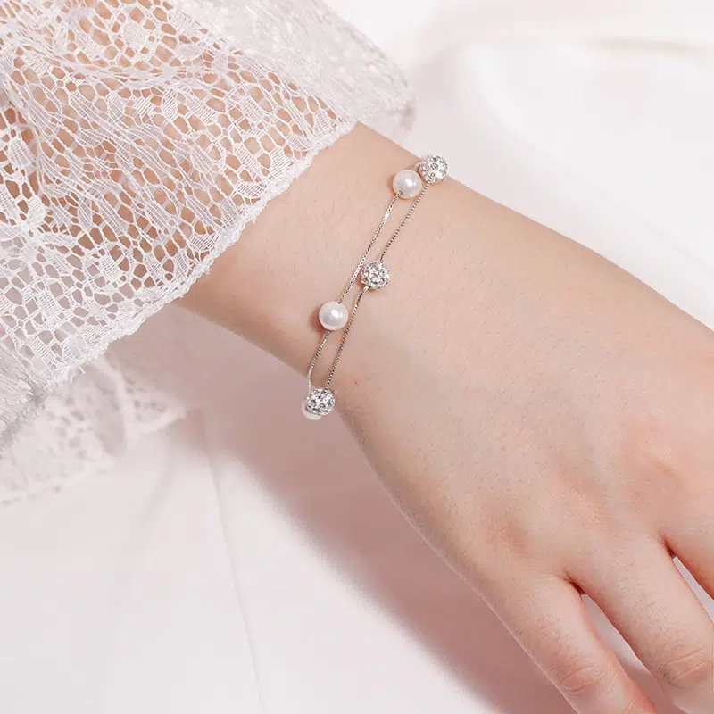 TWINKLE ONE Pearl & Zirconia Stacking Bracelet – Handmade Sterling Silver Fashion Bracelet