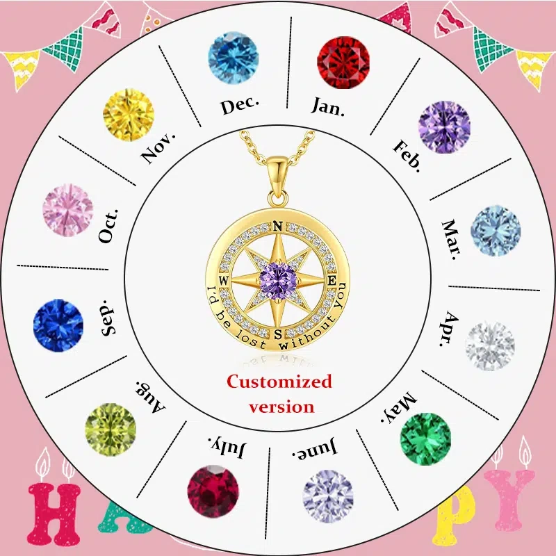 TWINKLEONE Compass Necklace Handmade Silver Custom Birthstone Necklace