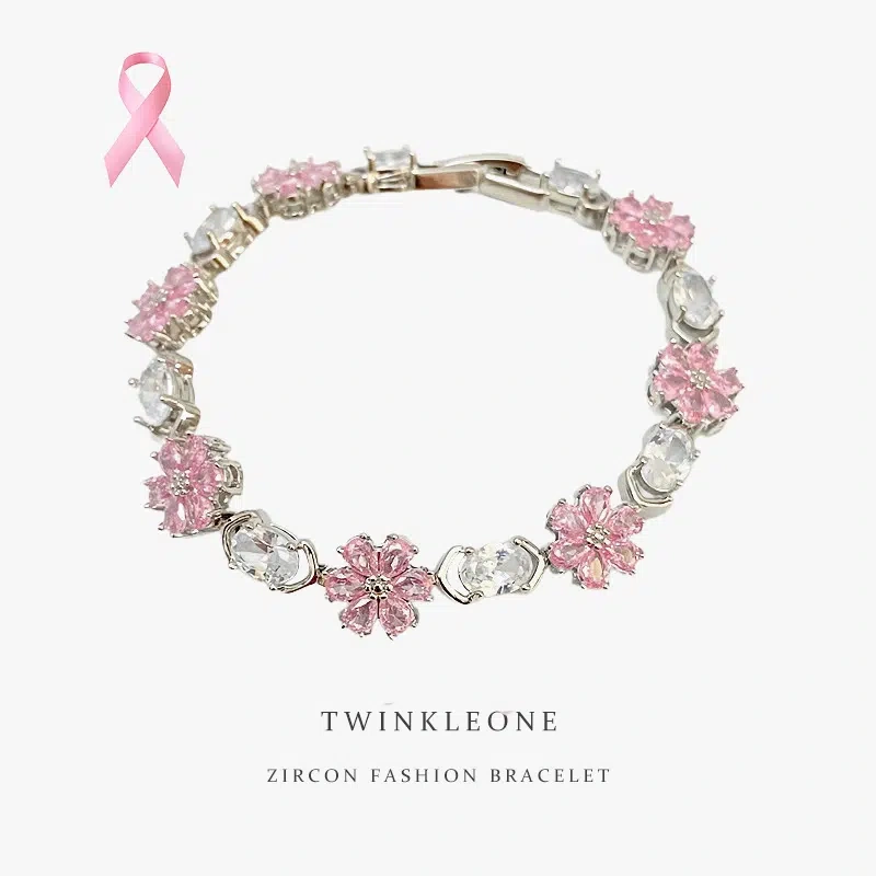 Breast Cancer Prevention Awareness Bracelet | Pink flowers and zircon jewelry, conveying hope and support.