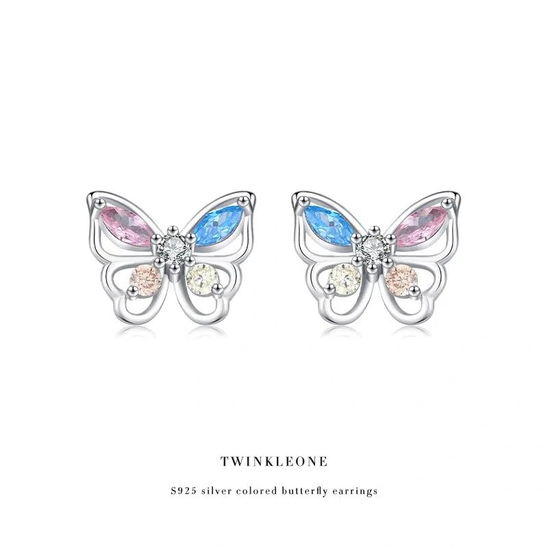Colorful Butterfly Stud Earrings - 925 Silver & Nickel-Free Zircon, Transformation & Joy