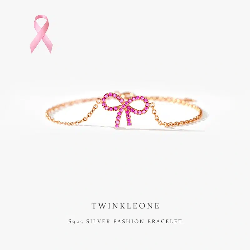 Pink Ribbon Bow Bracelet -  S925 Silver, Breast Cancer Awareness Jewelry