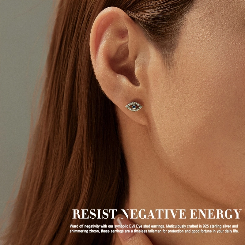 Evil Eye Stud Earrings - 925 Silver & Zircon, Protection & Good Luck Charm