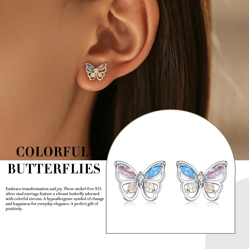 Colorful Butterfly Stud Earrings - 925 Silver & Nickel-Free Zircon, Transformation & Joy