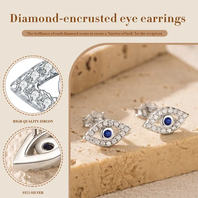 Evil Eye Stud Earrings - 925 Silver & Zircon, Protection & Good Luck Charm