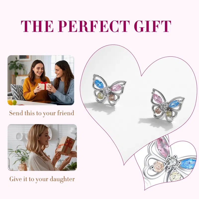 Colorful Butterfly Stud Earrings - 925 Silver & Nickel-Free Zircon, Transformation & Joy