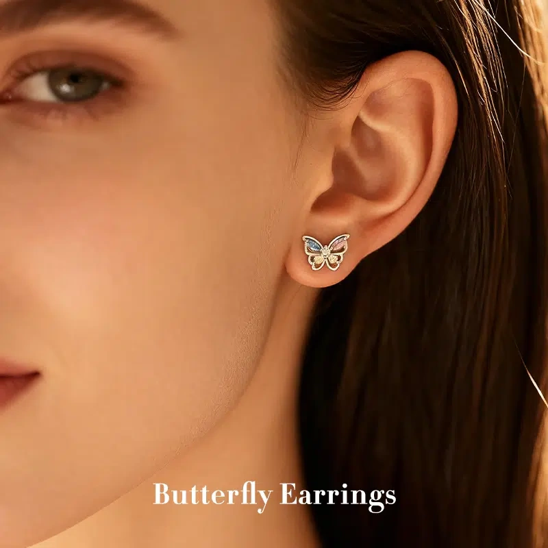 Colorful Butterfly Stud Earrings - 925 Silver & Nickel-Free Zircon, Transformation & Joy