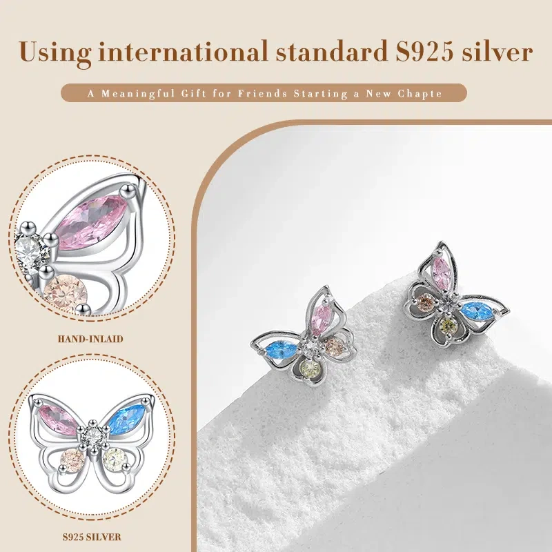 Colorful Butterfly Stud Earrings - 925 Silver & Nickel-Free Zircon, Transformation & Joy