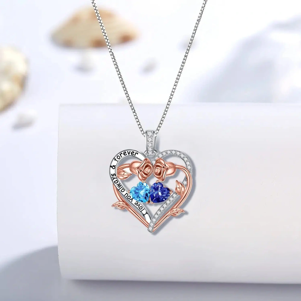 Double Gemstone Rose Necklace – Handmade Custom Birthstone Birthday Necklace