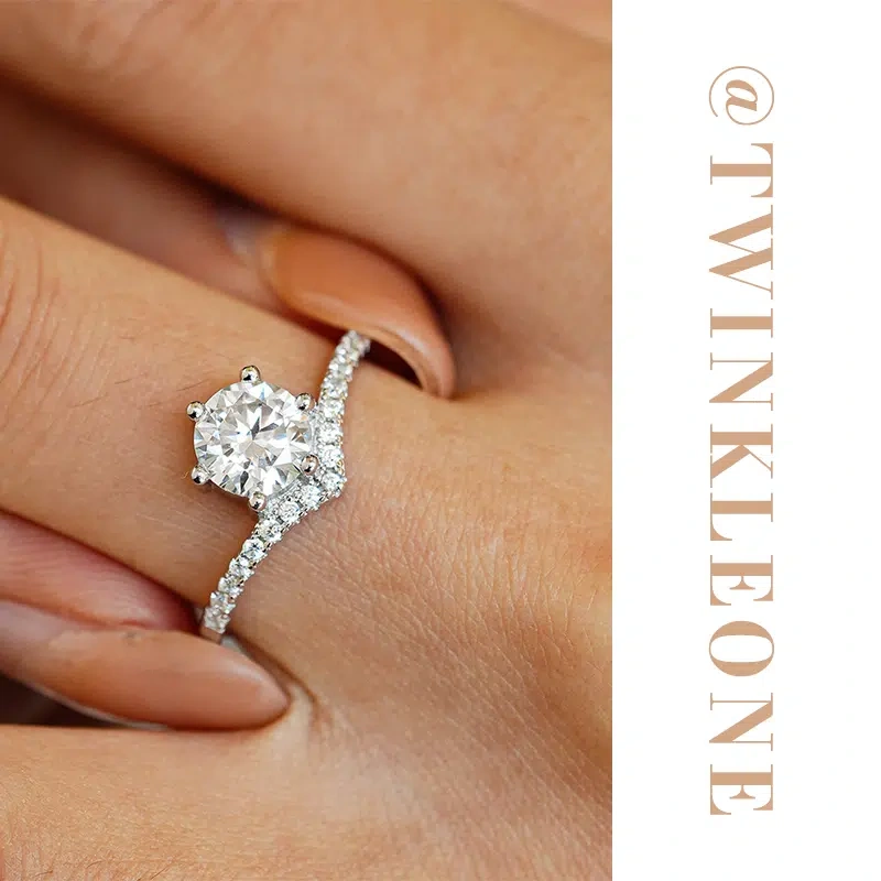V-Promise Moissanite Ring - 925 Silver, Nickle-Free with Halo Diamonds