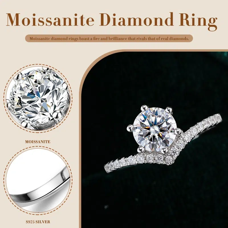 V-Promise Moissanite Ring - 925 Silver, Nickle-Free with Halo Diamonds