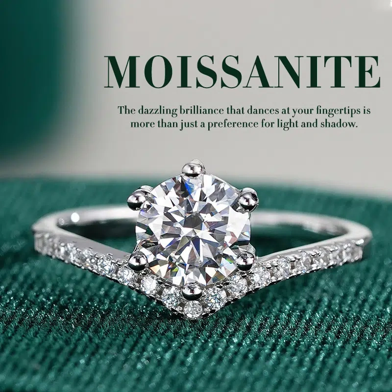 V-Promise Moissanite Ring - 925 Silver, Nickle-Free with Halo Diamonds