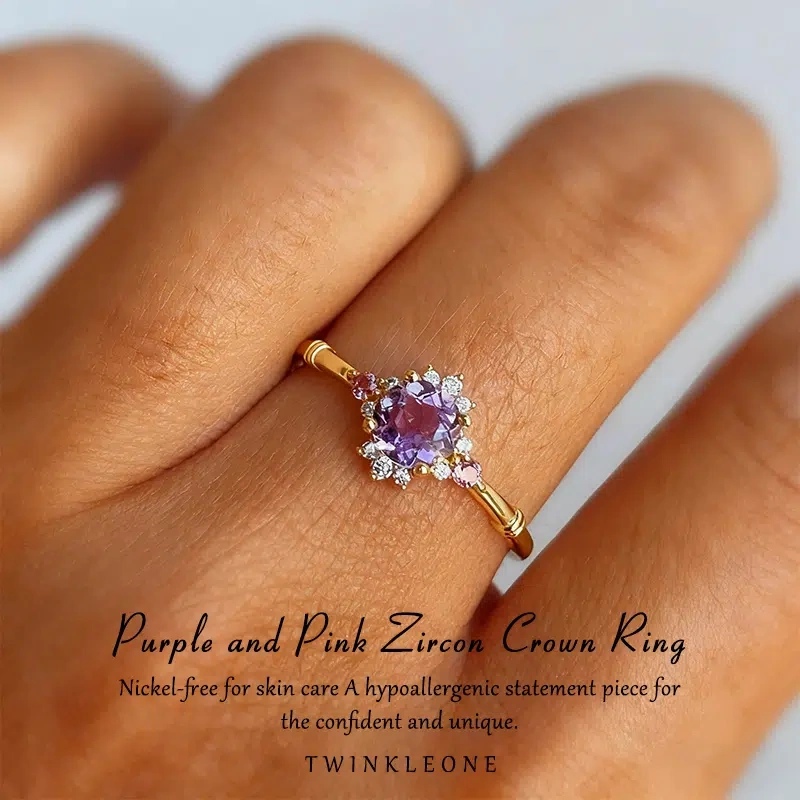 Purple and Pink Zircon Crown Ring - Gold-Plated 925 Silver, Nickel-Free