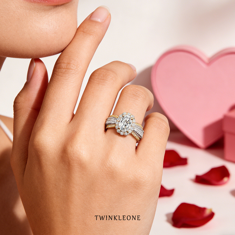 Two-Tone Oval Moissanite Ring, S925 Silver Everyday Luxury Jewelry