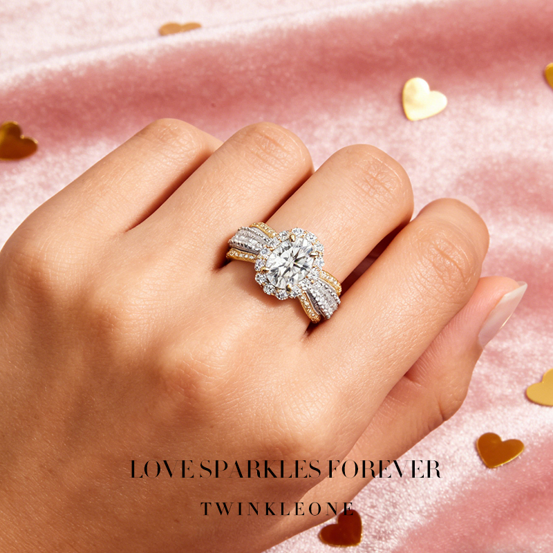 Two-Tone Oval Moissanite Ring, S925 Silver Everyday Luxury Jewelry