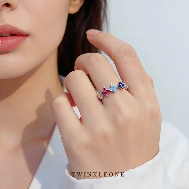 Lucky Four-Leaf Clover Ring, S925 Silver with Colored Zircon, Birthday Gift