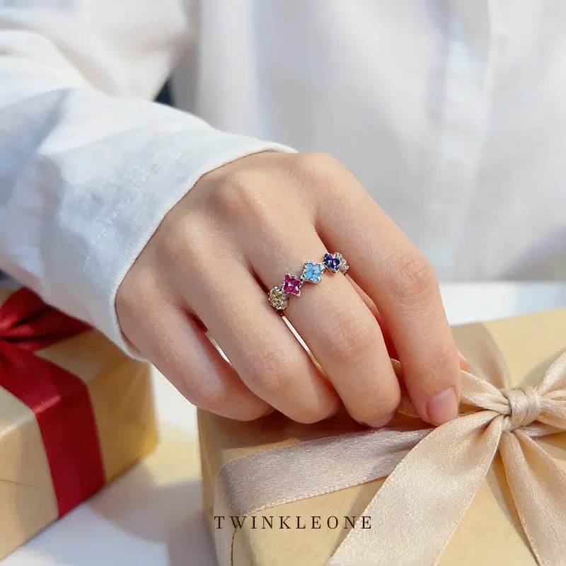 Lucky Four-Leaf Clover Ring, S925 Silver with Colored Zircon, Birthday Gift