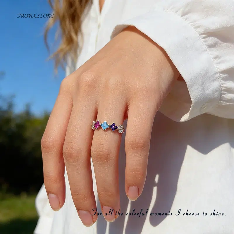 Lucky Four-Leaf Clover Ring, S925 Silver with Colored Zircon, Birthday Gift
