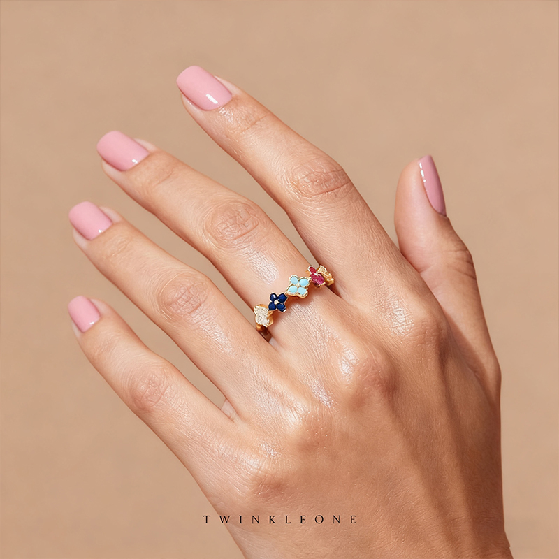Lucky Four-Leaf Clover Ring, S925 Silver with Colored Zircon, Birthday Gift