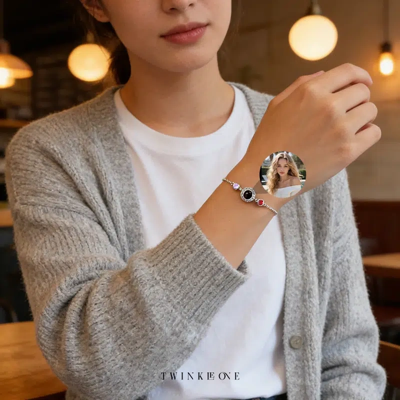 Custom Photo Projection Bracelet with Birthstones – Personalized Sentimental Jewelry Gift for Her