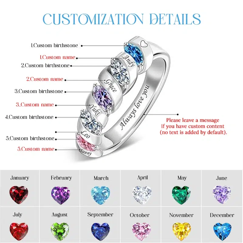Personalized Birthstone Ring | Custom Engraved Names | Sterling Silver Sentimental Gift