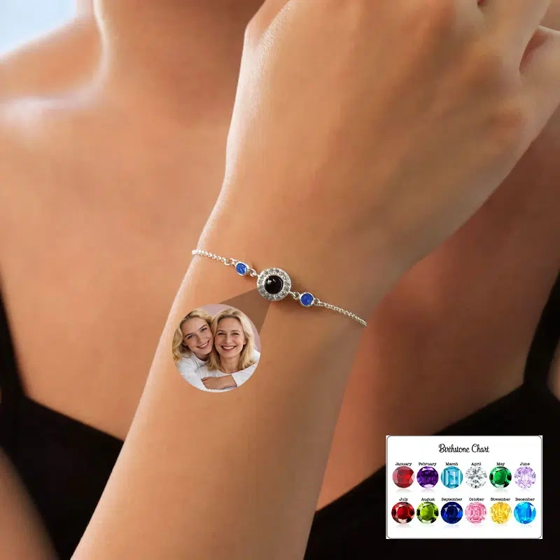Custom Photo Projection Bracelet with Birthstones – Personalized Sentimental Jewelry Gift for Her