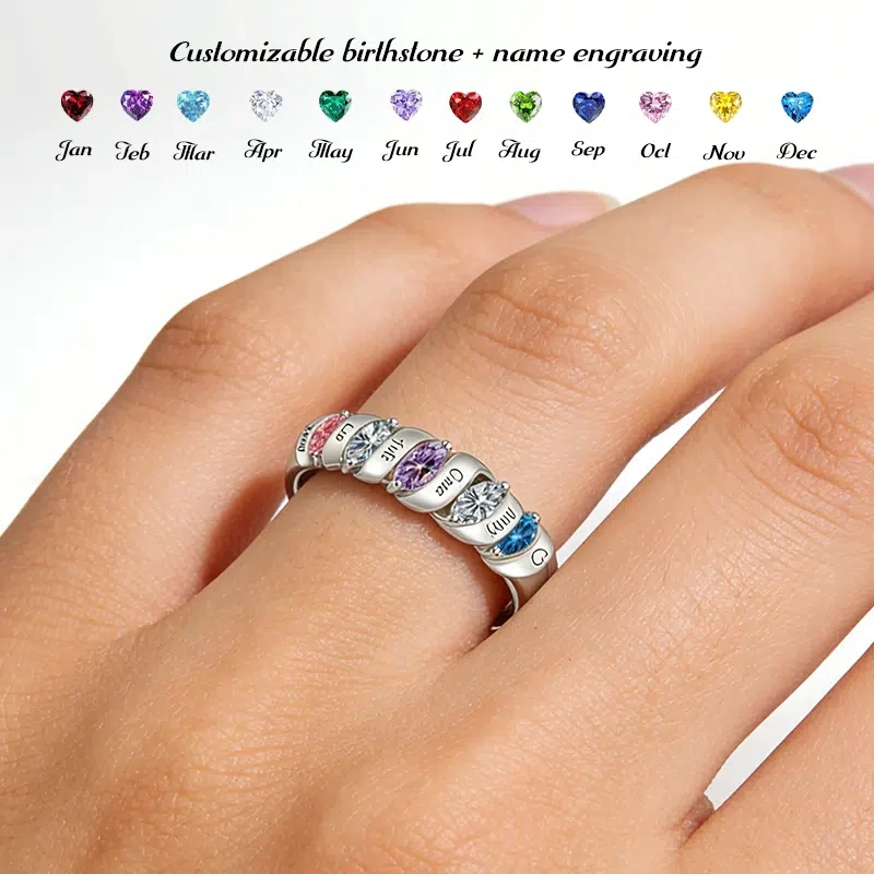 Personalized Birthstone Ring | Custom Engraved Names | Sterling Silver Sentimental Gift