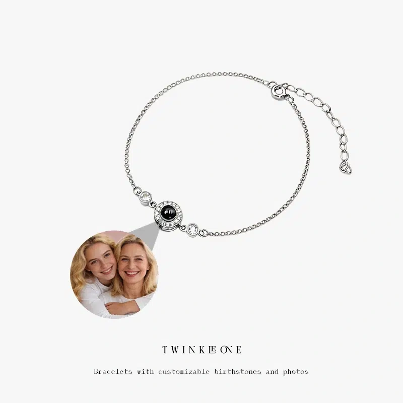 Custom Photo Projection Bracelet with Birthstones – Personalized Sentimental Jewelry Gift for Her