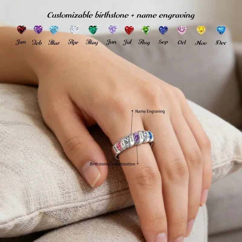 Personalized Birthstone Ring | Custom Engraved Names | Sterling Silver Sentimental Gift