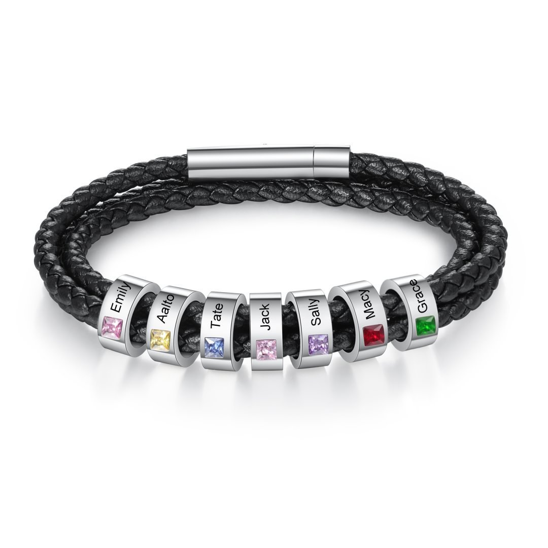 Personalized Men's Leather Braided Bracelet | Custom Name & Birthstone Beads | Sentimental Gift for Him