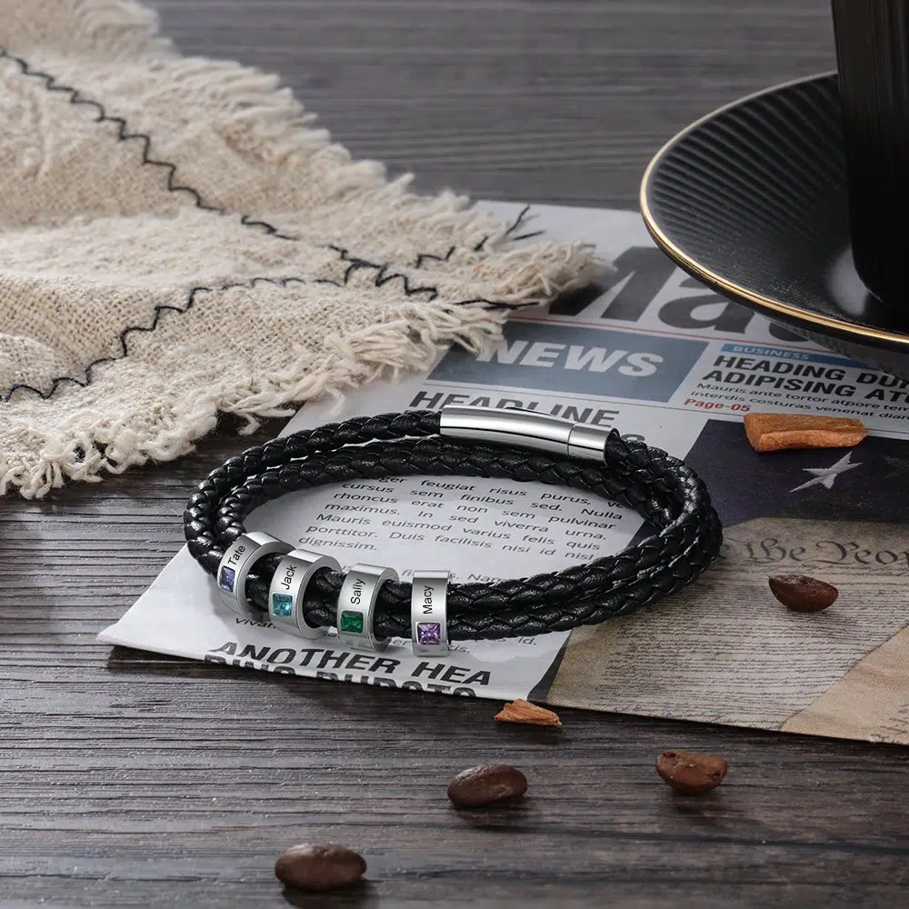 Personalized Men's Leather Braided Bracelet | Custom Name & Birthstone Beads | Sentimental Gift for Him