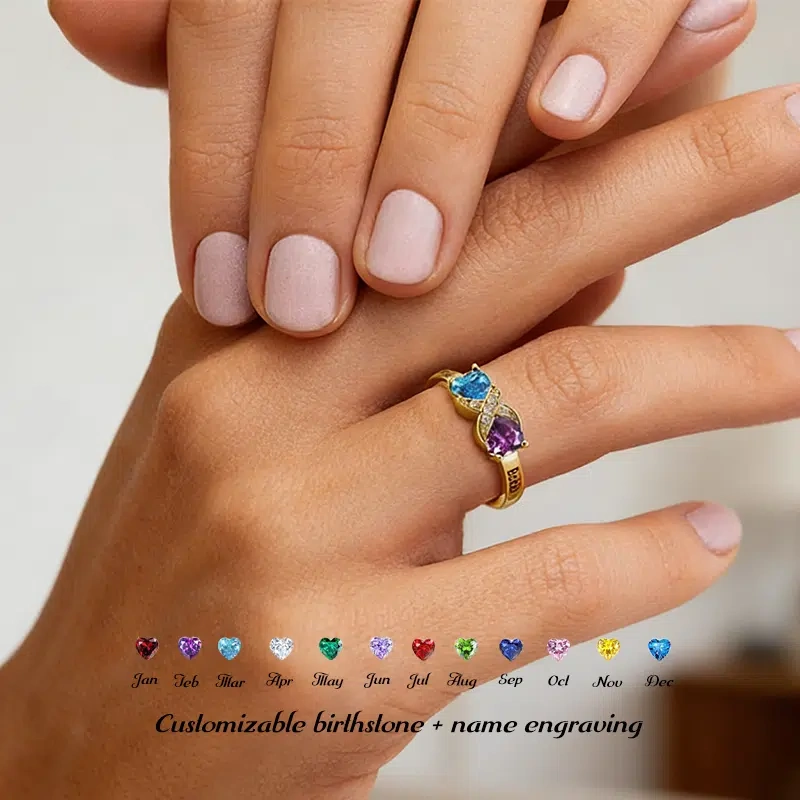 Personalized Heart Birthstone Ring | Custom Engraved Names | Gift for Mother's Day & Valentine's Day
