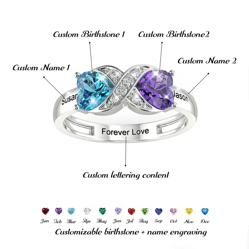 Personalized Heart Birthstone Ring | Custom Engraved Names | Gift for Mother's Day & Valentine's Day