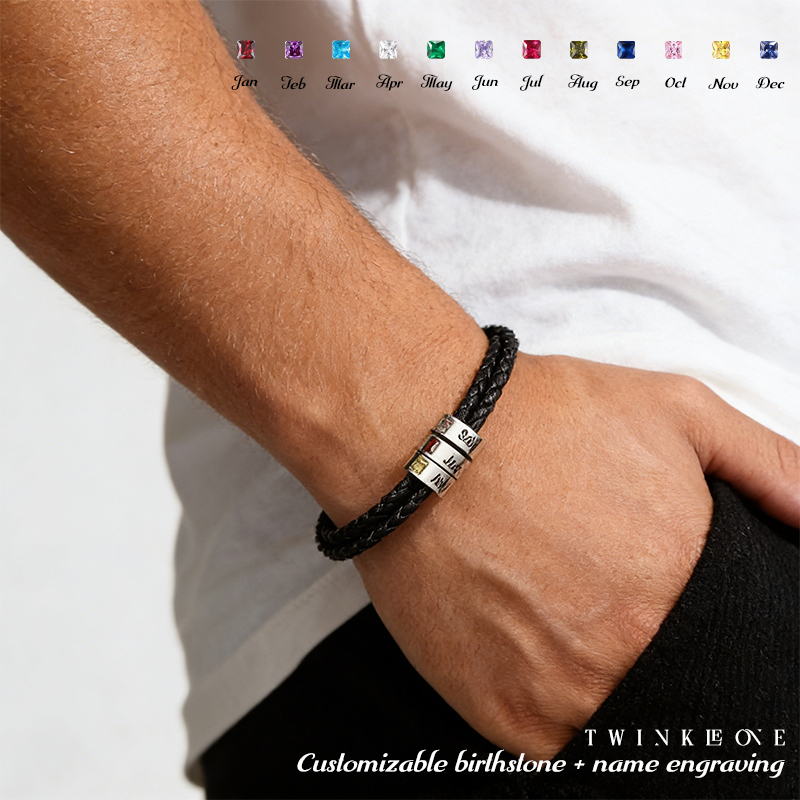 Personalized Men's Leather Braided Bracelet | Custom Name & Birthstone Beads | Sentimental Gift for Him