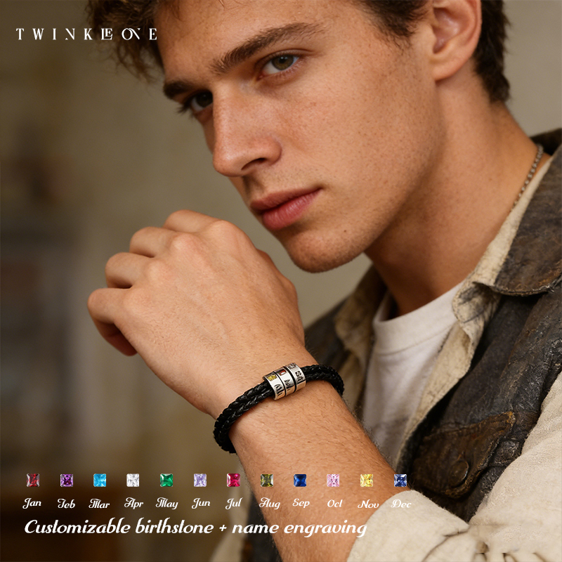Personalized Men's Leather Braided Bracelet | Custom Name & Birthstone Beads | Sentimental Gift for Him