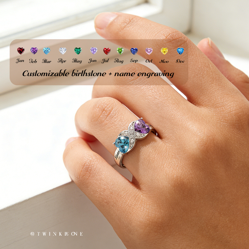 Personalized Heart Birthstone Ring | Custom Engraved Names | Gift for Mother's Day & Valentine's Day
