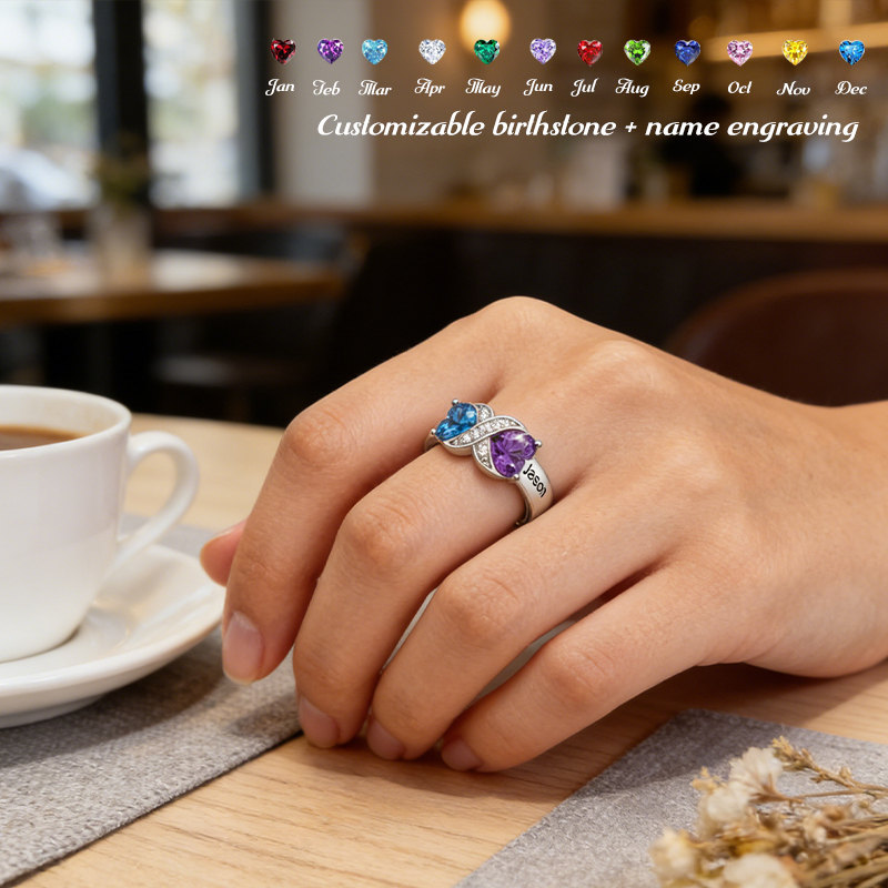 Personalized Heart Birthstone Ring | Custom Engraved Names | Gift for Mother's Day & Valentine's Day