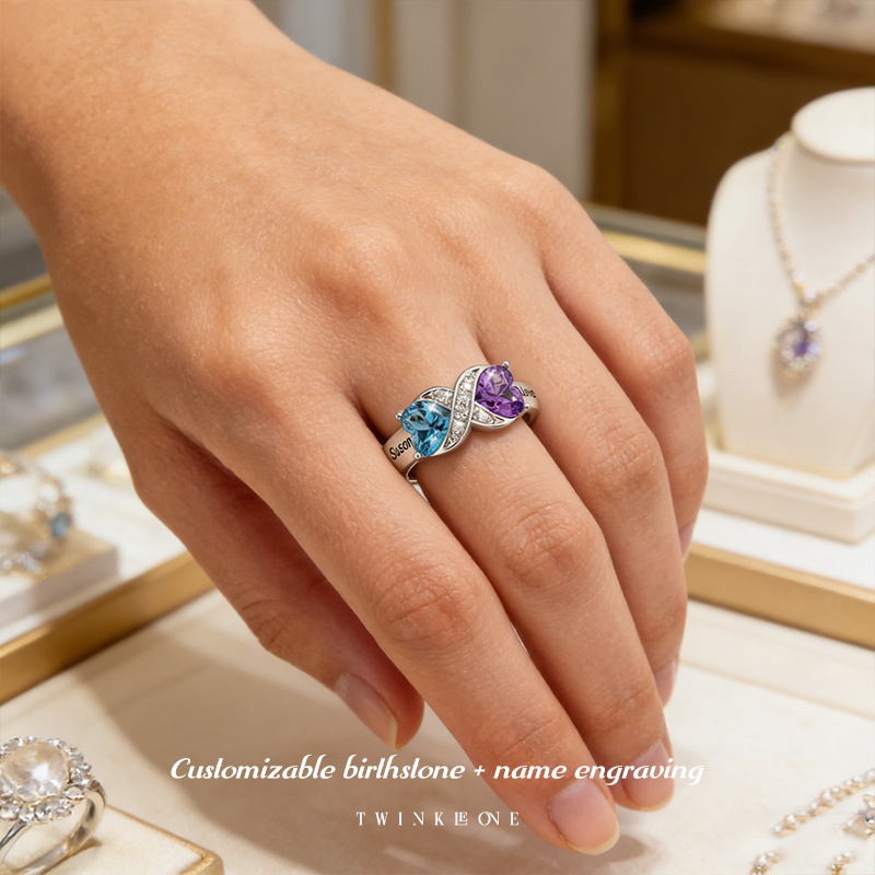 Personalized Heart Birthstone Ring | Custom Engraved Names | Gift for Mother's Day & Valentine's Day