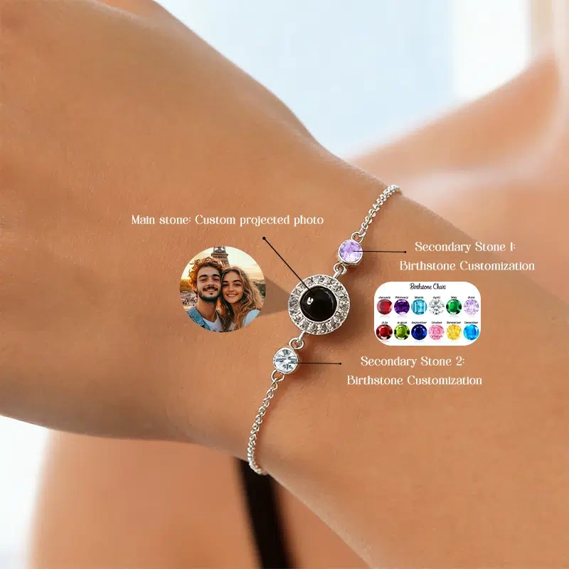 Custom Photo Projection Bracelet with Birthstones – Personalized Sentimental Jewelry Gift for Her