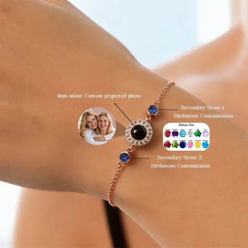 Custom Photo Projection Bracelet with Birthstones – Personalized Sentimental Jewelry Gift for Her