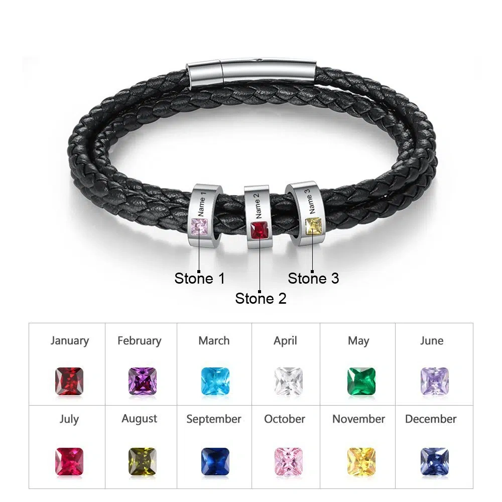 Personalized woven bracelet for men | Customizable with name and birthstone beads | A precious gift for him
