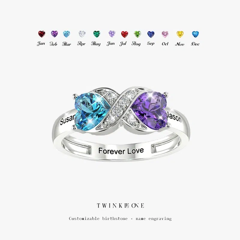Personalized Heart Birthstone Ring | Custom Engraved Names | Gift for Mother's Day & Valentine's Day