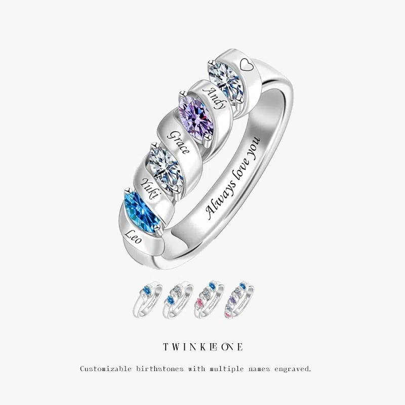 Personalized Birthstone Ring | Custom Engraved Names | Sterling Silver Sentimental Gift