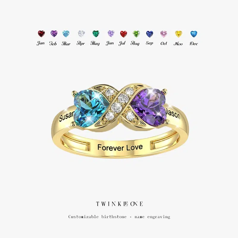 Personalized Heart Birthstone Ring | Custom Engraved Names | Gift for Mother's Day & Valentine's Day